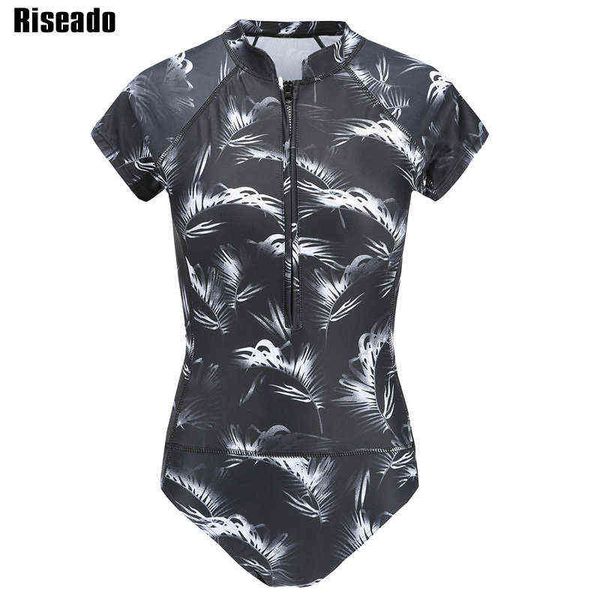 

riseado zipper front one piece swimsuit new women's rashguard sports bodysuit women swimwear short sleeve beachwear summer, White;black