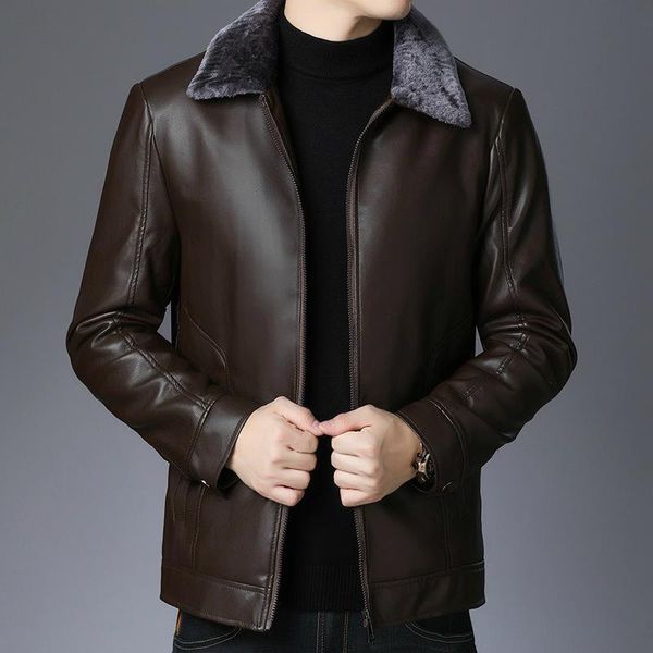 

autumn winter leather jacket men oversized jacket detachable collar faux fur coat casual thick brown faux leather overcoat male, Black