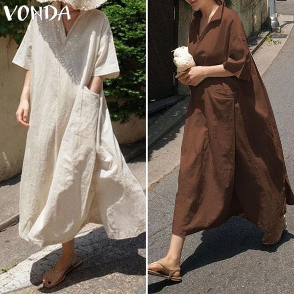 

casual dresses vonda women vintage mid-calf dress loose v neck half flare sleeve vestidos 2021 summer party feminina plus size1, Black;gray