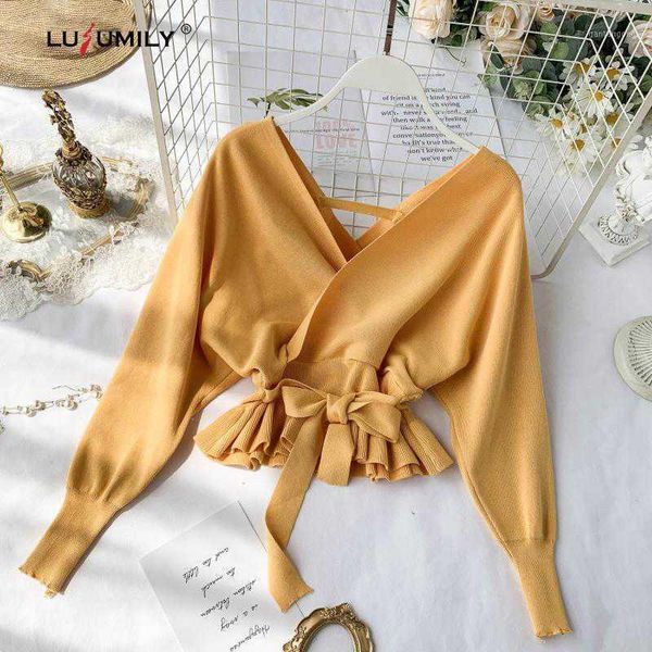 

lusumily deep v-neck women blouse waist tight lotus leaf female short bat-sleeve stretch slim backless summer shirt1, White