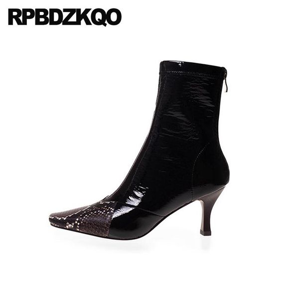 

boots snake snakeskin square toe shoes women stiletto 10 black high heel big size ankle patent leather waterproof