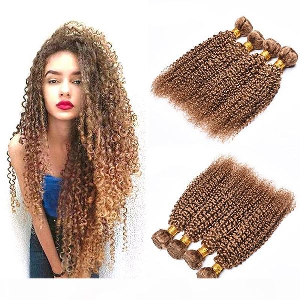 

kinky curly human hair weave 4 bundles #27 honey blonde pure colored brazilian virgin curly human hair 4pcs wefts hair extension 10-26 inch, Black
