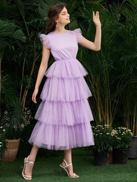 

ruffle armhole layered hem dobby mesh dress n3tu#, Black;gray