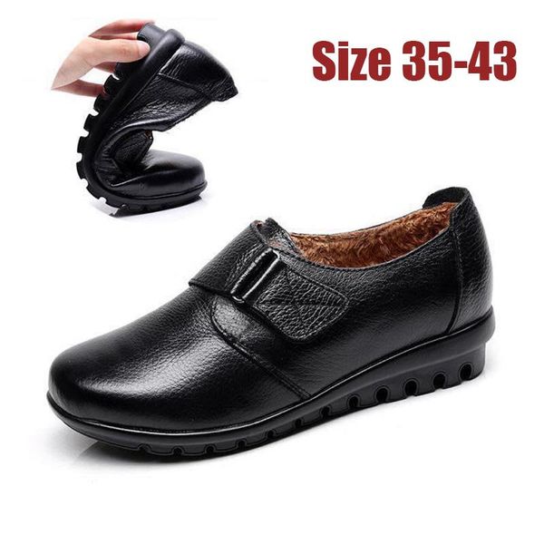 

новые мягкие черные меховые туфли для пожилых женщин натуральные кожаные квартиры обувь большой размер 42 43 широкие удобные мокасины женски, Black