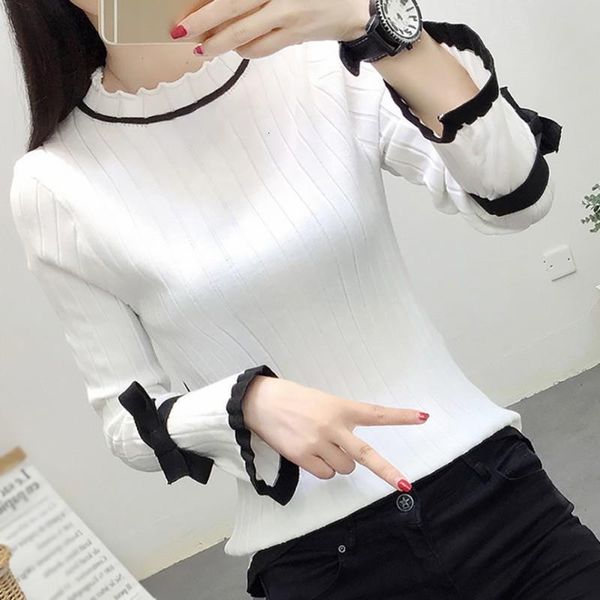 

autumn sweet simple sweater women casual wooden ear bow long trumpet sleeve o neck sweaters drop shipping, White;black