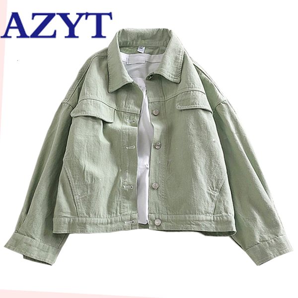 

azyt vintage loose solid denim jacket for women harajuku bf streetwear short jean coat slim high waist female denim jacket 201013, Black;brown
