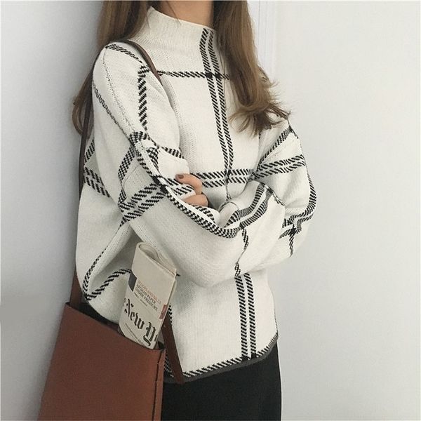 

sweaters womens knitted turtleneck long sleeve plaid pullovers autumn winter elegant femme checked sweater women knitwear mujer 201130, White;black