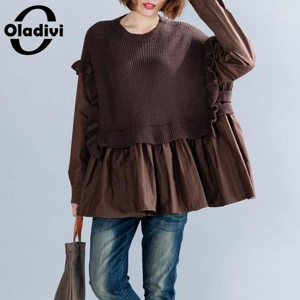 

oladivi plus size women fashion patchwork sweater knitted shirt pullover autumn new casual loose tunic knitwears 6xl 5xl 4xl1, White;black