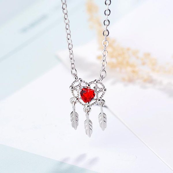 

pendant necklaces arrival feather clavicle chain silver color dream catcher red love heart necklace for women kolye collares