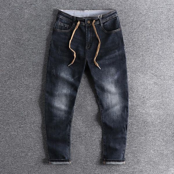 

men's jeans 2021 dark blue slim little feet drawstring trendy elastic straight pants trouser for promotion 0769