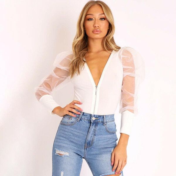 

women's jumpsuits & rompers brand women ladies puff sleeve bodysuit leotard bodycon jumpsuit romper fashion solid zip up v neck blouse, Black;white