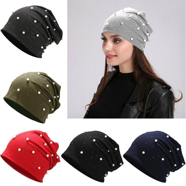 

beanie/skull caps pearl rhinestone cotton pullover cap unautumn winter solid color beanies soft warm hats, Blue;gray