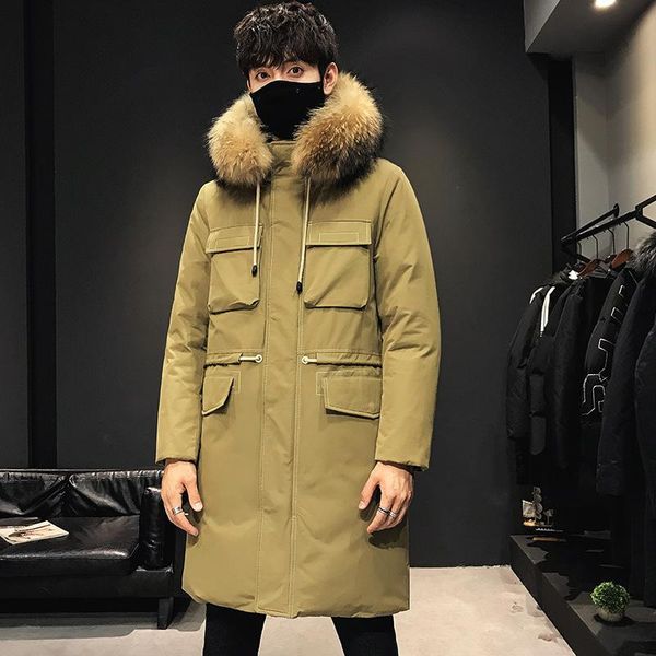

mimi winter long men's down jacket 80% white duck down raccoon dog big hair collar fashion casual hooded men's coat, Black