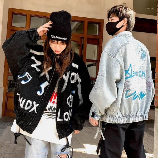 

sexemara fashion spring clothes the new loose hand painted graffiti wash wild denim jacket, Black;brown