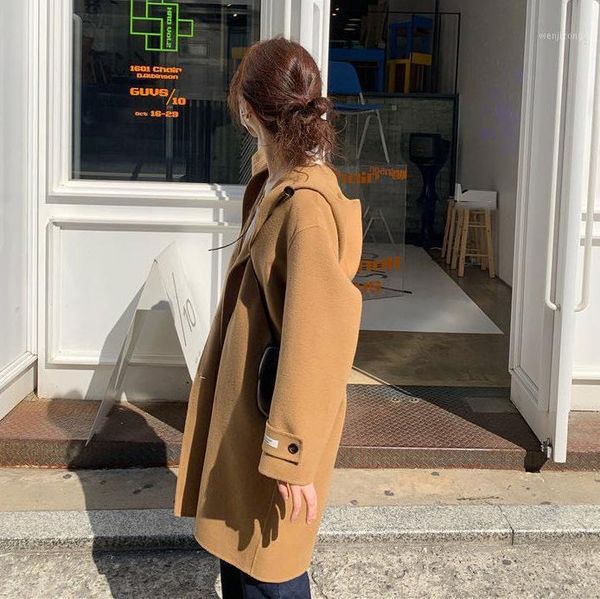 

2021 stock] dongdamen new winter woolen coat, wool hooded camel coat for women1, Black