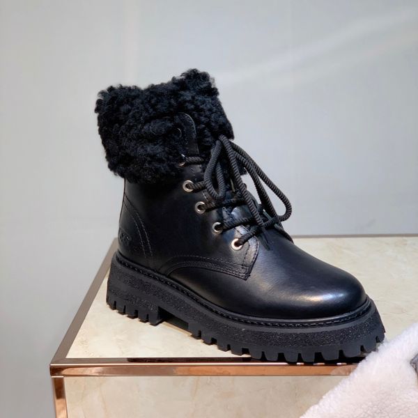 

designer womens boots luxury black leather lace-up with fluff round head high heel with box size 35-40