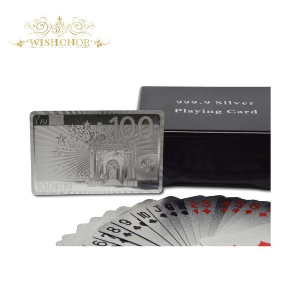

wedding gifts euro 100 silver plastic playing cards silver foil playing card with wooden case for casino royale wmtyra