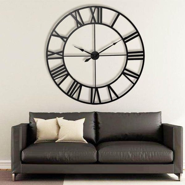 

80cm modern 3d large retro black iron art hollow wall clock roman numerals home decor big clock on the wall