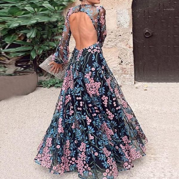 

backless party dress women mesh long sleeve see through round neck elegant floral embroidery maxi long dress vestidos1, Black;gray