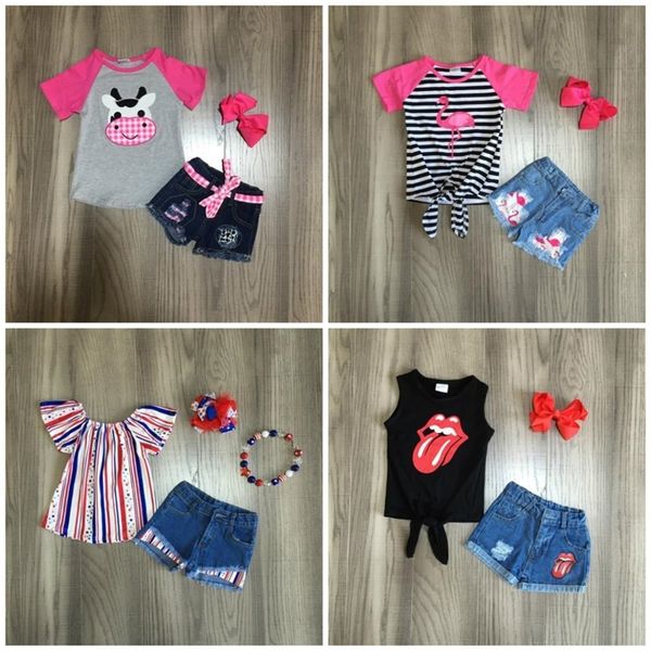

summer baby girls children clothes jeans shorts set outfits cow flamingo leopard stripe cotton tie shirt match accessories y200525, White