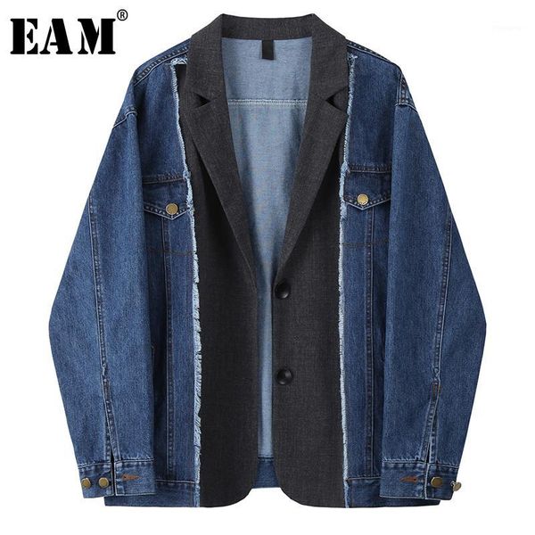 

eam] women blue denim split big size blazer new lapel long sleeve loose fit jacket fashion tide spring autumn 2020 1u3431, White;black