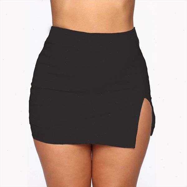 

women mini shirt summer slim solid color plus size female splited high waist pencil skirt club fashion, Black