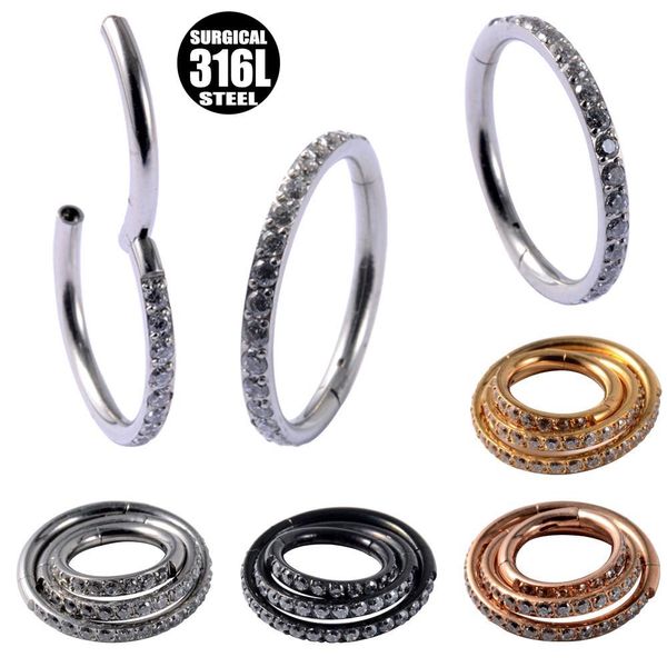 

1pc crystal cartilage earring 316l surgical stainless steel septum clicker with zircon nose ring hoop segment ring piercing 16g q sqcvme, Silver