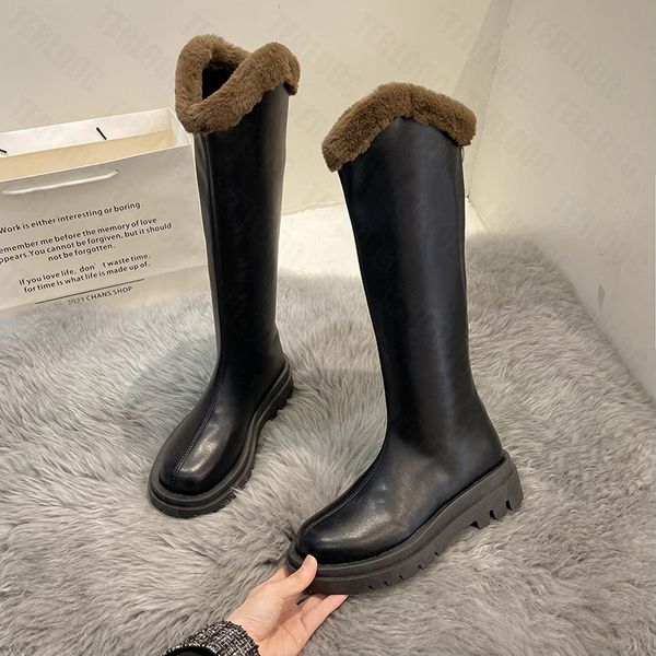 

chelsea high boots knee high women fashion flats motorcycle boots 2022 winter new warm platform non-slip short plush lady shoes, Black