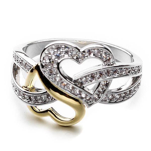 

special pattern engagement crystal zircon stone ring two hearts shape ring jewelry anniversary party date wedding platinum plating ring, Slivery;golden