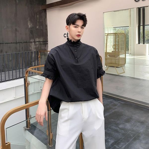 

men summer wear 2 styles short sleeve stand collar loose casual shirt male fashion japan streetwear dress pullover shirts1, White;black