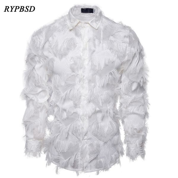 

feather lace shirt men 2021 fashion floral long sleeve dress shirts men party nightclub transparent gothic stage costume c1212, White;black