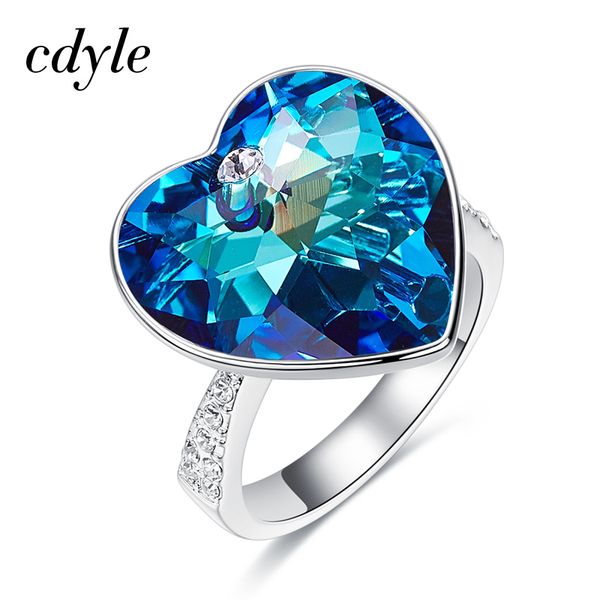 

cdyle women rings with blue heart crystal from swarovski wedding rings for her love gifts party jewelry wholesale size #6-#9 y1124, Golden;silver