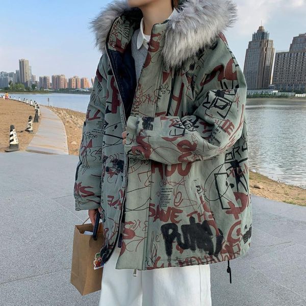 

men's down & parkas winter thicken graffiti jacket hooded fur collar coat hip-hop street warm loose youth windproof clothes men, Black