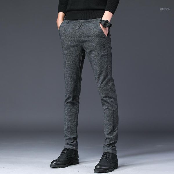 

brand pants men casual elastic long trousers male cotton plaid straight gray work pant men's autumn summer thin big size 28-381, Black