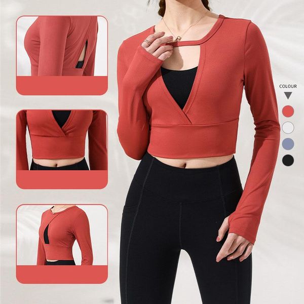 

reversible sports gym women fitness t-shirt long sleeve yoga shirts padded gym running thumb hole elastic sportswear, White;red