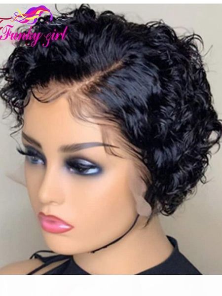 

13x4 short curly bob lace front wigs pixie cut human hair wigs for black women brazilian remy hair short wavy 150% glueless, Black;brown