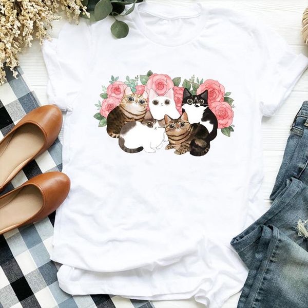 

women lady cat floral 90s short sleeve cartoon cool animal print tshirt shirt clothes graphic female t tee womens t shirt, White