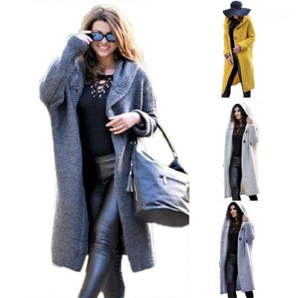 

2020 new women autumn fashion thick casual solid color knitted button long sleeve hooded midi overcoat solid warm trench coats1, Tan;black