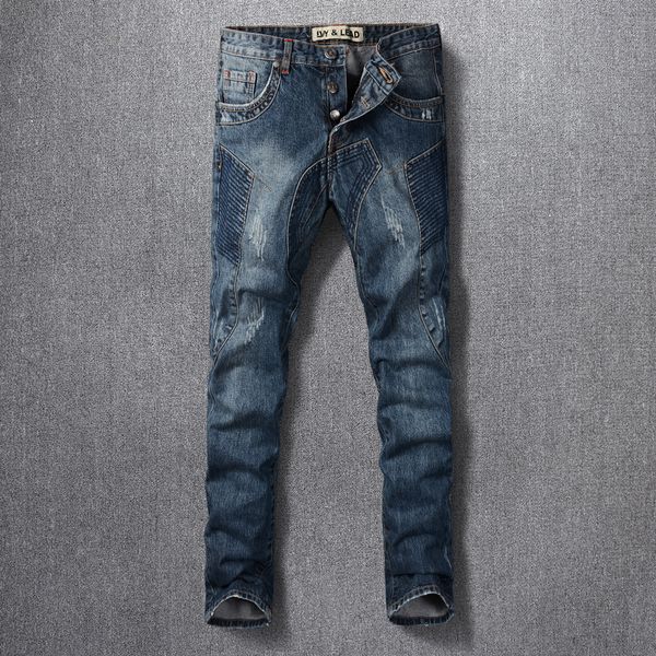 

2021 new fashion streetwear men jeans retro dark blue slim fit patchwork designer punk denim trousers hip hop biker pants bogc