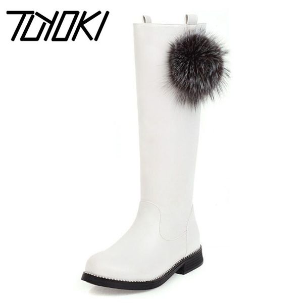 

tuyoki размер 26-40 женщин сапоги на коленях помпон круглый носок на молнии обувь зимние теплые ботинки вечеринка женщин мода обувь, Black