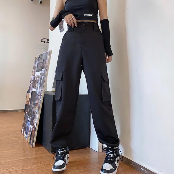 

women's high waist big pockets cargo baggy tactical 2020 trouser hip hop joggers pants loose streetwear, Black;white