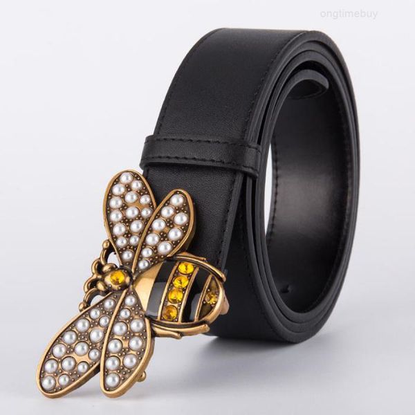

metal quality men's and women's leather buckle jeans crystal rhinestone design bee belt 95-125cm, Black;brown