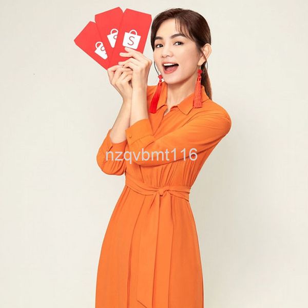 

casual dresses chen jiahua star same style spring women's dress lapel long sleeve lace up orange medium length, Black;gray