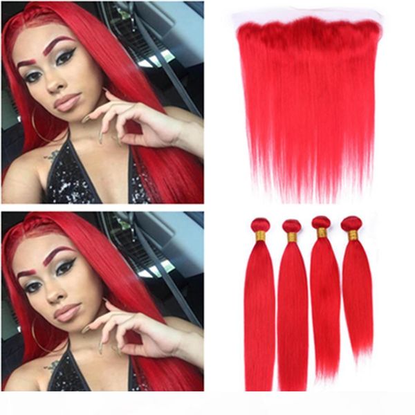 

peruvian straight red weaves human hair 4 bundles with frontal closure bright red virgin hair full lace closure 13x4" with weaves, Black;brown