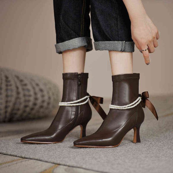 Outono 2022 novo arco das mulheres Botas de tornozelo frisado Botas Brown Bege de Bege 7cm High Botas