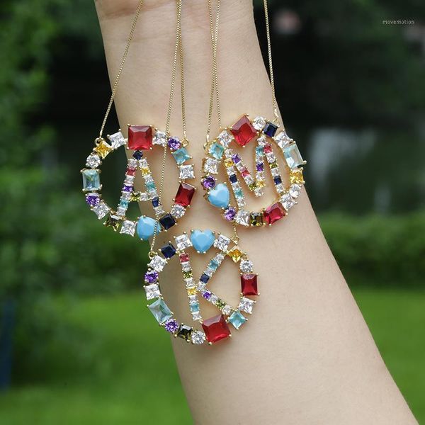 

26 initial alphabet letter name charm pave rectangle multi color rainbow cz zircon gold chain pendant choker necklace for women1, Golden;silver