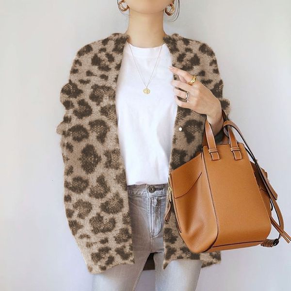 

2021 new autumn fashion leopard printed korea japan style knitted cardigan outwear loose black sweater jumpers jihz, White;black