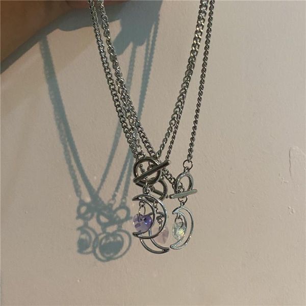 

kpop goth transparent purple love heart hollow moon crystal clavicle chain ot buckle necklace for women egirl aesthetic jewelry, Silver