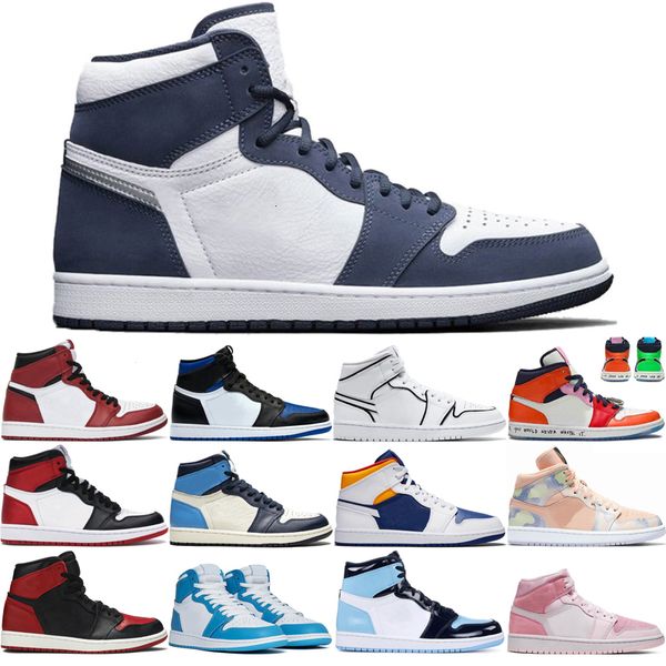 

1s jumpman mens womens basketball shoes midnight navy iridescent reflective white banned men womens sport trainer sneakers size 36-46, White;red