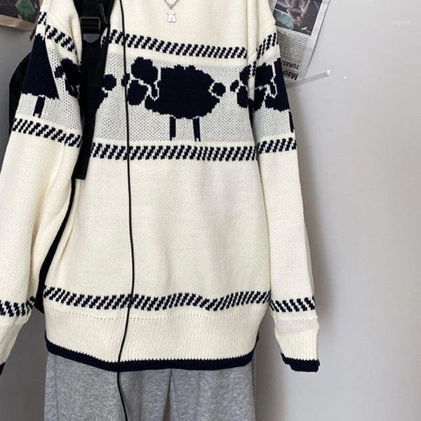 

men's sweater 2021 spring and winter new jacquard round neck pullover couple sweater loose casual young men's clothing1, White;black